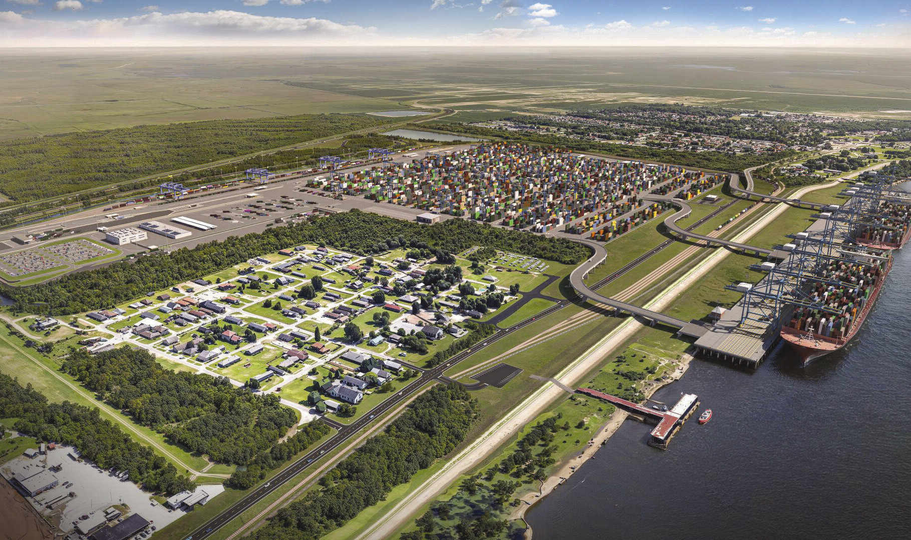 Digital rendering of the Louisiana International Terminal (LIT) scheduled to be built in Violet. Despite heavy criticism, the U.S. Army Corp of Engineers granted approval for the project proposed by Port NOLA on August 17, 2026. Photo: Port of New Orleans