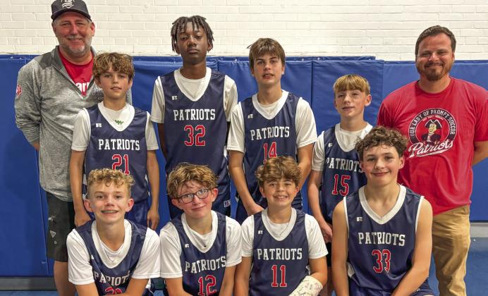 The Patriots from Our Lady of Prompt Succor Catholic School in Chalmette won the City Championship for senior boys basketball in the Catholic School Athletic League Monday. Shown in the front row, from left: Michael Warden, Beckett Christoffer, Colby Duncan, and Liam Perez. In the back row, from left: Coach Terry Christoffer, Britt DeBlonde, Jai Williams, Brayden Mitchell, Pacey DeBlonde, and Coach Dirck Duncan. Mrs. Scheuermann is the team moderator.