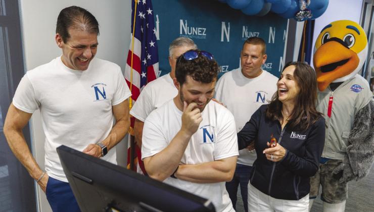 Nunez Community College sta react to the successful launch of the Artemis II mission during a watch party in the STCCC on the Nunez campus. Graduates of Nunez’s Aerospace Manufacturing Technology program played a part in assembling the wiring and electrical systems in the SLS rocket used for the mission. Photo by Enan Chediak, The Times-Picayune