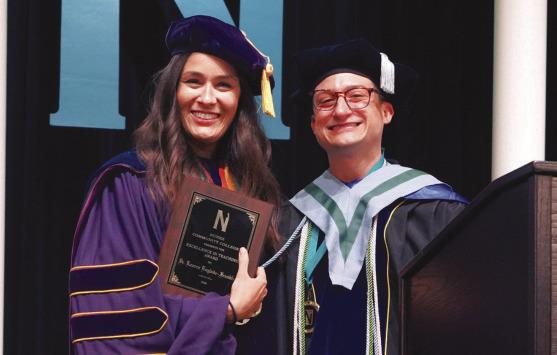 Dr. Lauren Englade-Franklin, professor of chemistry, is presented with Nunez Community College’s 2026 Excellence In Teaching Award May 20 during Nunez’s 34th Commencement Ceremony at the Sigur Center in Chalmette. Dr. Franklin was presented with the award onstage by the 2025 winner, Dr. Charles Miller, associate professor of sociology.