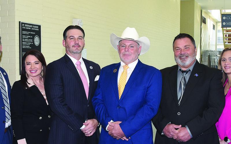 President Pomes and the St. Bernard Council Members were sworn into office on January 9 to begin serving a four-year term. Pictured, from left: Council Members Patrice Cusimano (A), Joshua 'Josh' Moran (B), Cindi Meyer (C), Gillis McCloskey (At Large West), Parish President Louis Pomes, Fred Everhardt Jr. (At Large East), Amanda Mones (E) and Ryan Randall (D).