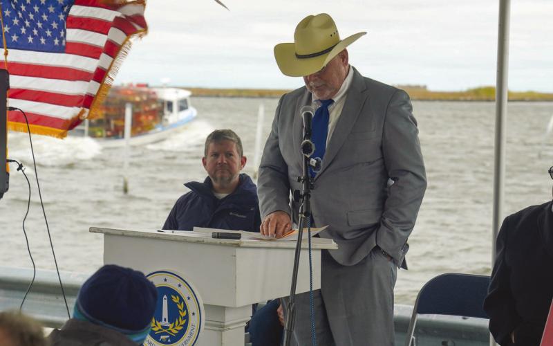 Parish President Louis Pomes speaking at the CPRAribbon cutting ceremony for the Lake Borgne Marsh Creation Project.