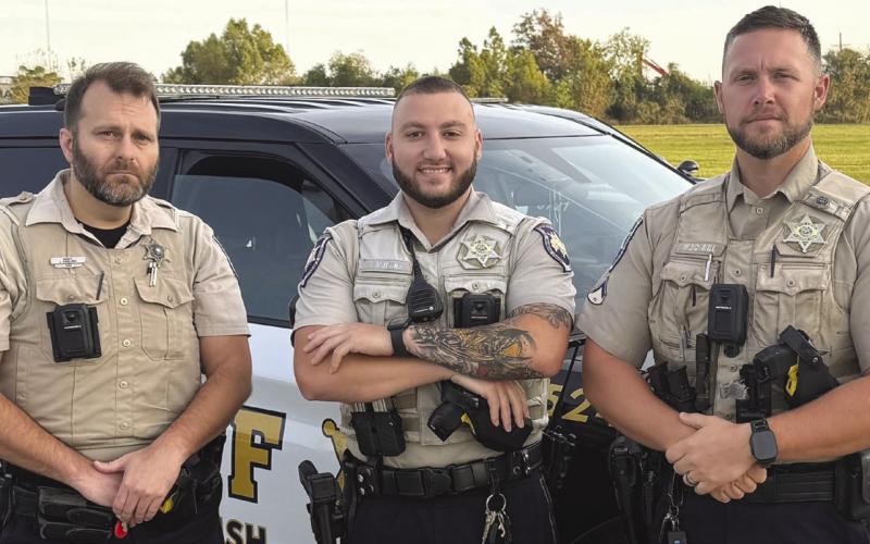 The St. Bernard Sheri's Oce wrapped up the No-Shave November fundraiser today, Dec. 1, marking the end of a month-long eort to support charitable causes within SBSO. Some of the deputies who participated included, from left: Dep. Joshua English, Dep. Thomas Murana and Dep. Matthew Schmill, all of the Field Operations Bureau Patrol Division.