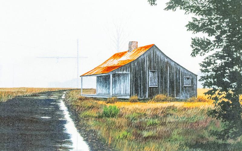 A scenic painting of a cajun cottage in the marsh by John Weimer.
