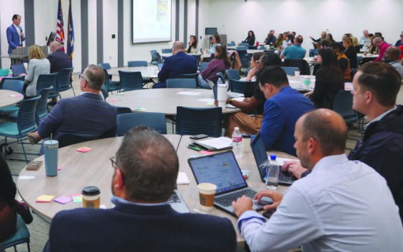 Reggie Poché, Nunez Interim Vice Chancellor for Strategic Initiatives and Engagement, presents during SME's Gulf Coast stakeholder kicko meeting in January in the Student Testing and Career Counseling Center on the Nunez Community College campus.