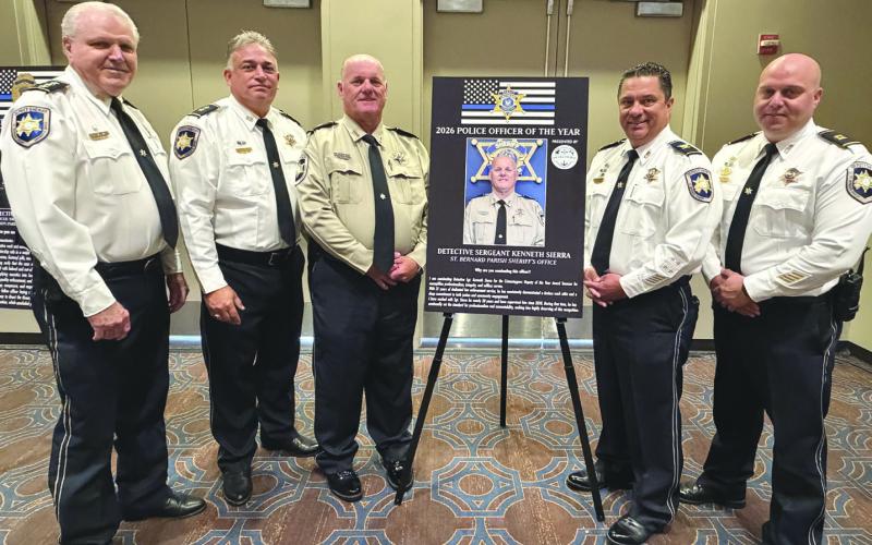 SBSO Detective Sgt. Kenneth Sierra, third from left, is joined by, from left, Chief Deputy Richard Baumy, Deputy Chief John Doran, Col. Chad Clark, and Capt. Ryan Melerine during the 41st Annual Crimestoppers of Greater New Orleans Awards Luncheon.