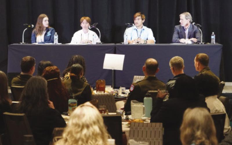 Students from Nunez Community College’s Aerospace Manufacturing Technology program were asked to participate in a panel discussion at the National Career Pathways Network NCPN Connect 2026 conference Feb. 19 at the Sheraton Hotel in New Orleans. From left, Emily Cleland, Rachel Madron and Chris Mondy, spoke with Marc Goldberg in front of hundreds to share student perspectives on the education-to-industry pipeline.