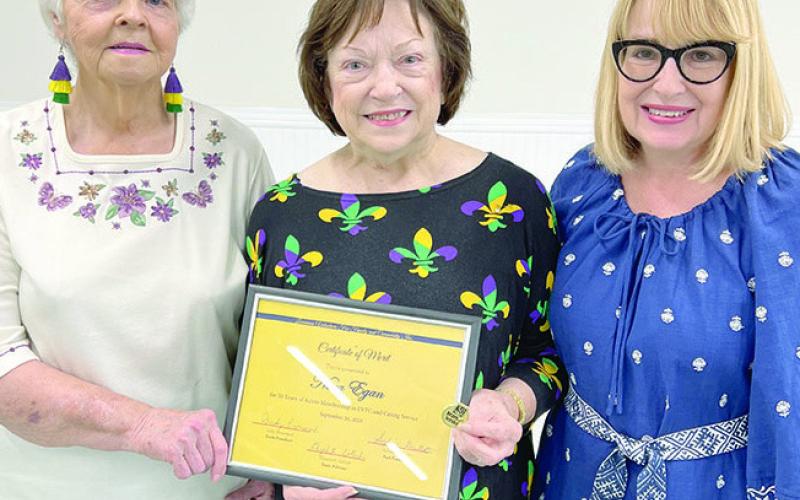 Nora Egan received a 50-year pin and Certificate of Merit from the Louisiana Volunteers for Family and Community (LVFC). The LVFC is under the auspicious of the LSU Extension Service. Egan joined the LVFC in 1971. She is an active and caring member in the St. Bernard VFC (aka Stitch in Time) holding various positions including president. Pictured, from left, is Faye Shirley, Nora Egan and Joan Garofalo (President of the St. Bernard VFC).