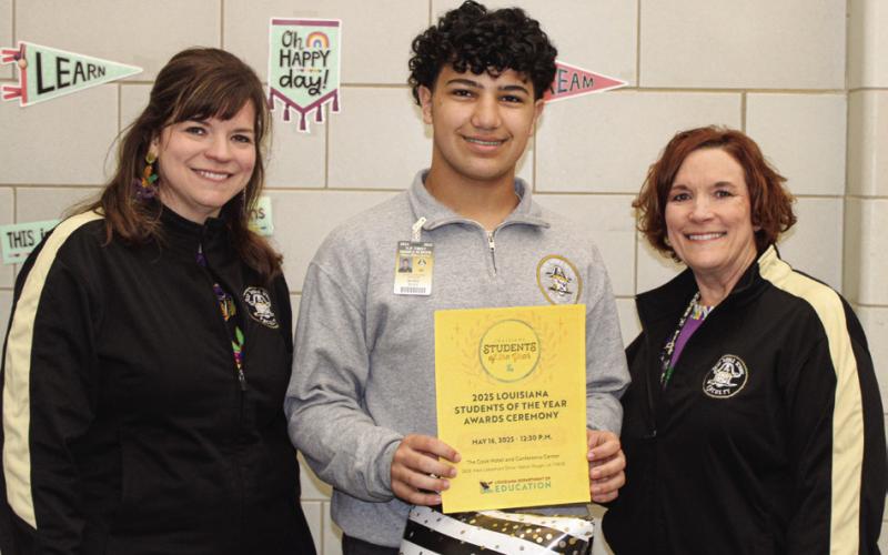 Left: From left, Instructional Coach Phyllis Diecidue, Asst. Principal Carole Mundt, Teacher Tom Dugger, Trey Meyers, Principal William Schneider, and Asst. Principal Kelli Watson of Chalmette High. Right: Asst. Principal Julie Abadie, Ramy Dali, Principal Kara Colburn from N. P. Trist Middle School.