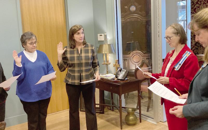 Francois deLery Chapter, Daughters of the American Revolution (DAR), recently welcomed new members (pictured, from left) Darlene Gaudin, Amy Mathews, and Kay Doody, who were sworn in by Registrar Hatte McElroy with Regent Gayle Buckley (R) looking on. The ceremony took place in the Founder's Room at Chalmette High School's Cultural Arts Center.
