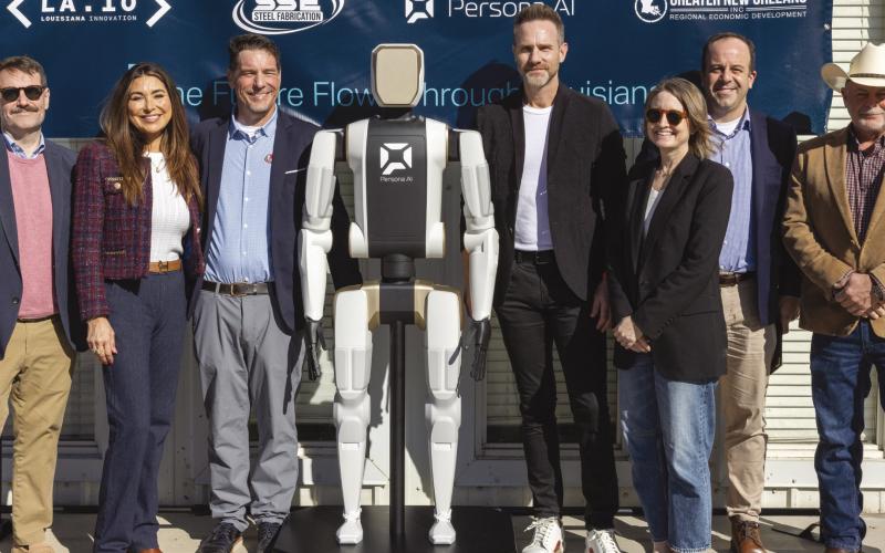 Josh Fleig, Louisiana Innovation (LA.IO), Mindy Nunez-Airhart, SSE Steel Fabricators, Justin Airhart, SSE, Nicolaus Radford, Persona AI, Madeline Kawanaka, LA.IO, Grady Fitzpatrick, GNO, Inc., Parish President Louis Pomes.