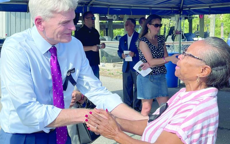 Senator Cassidy talks with a St. Bernard Parish resident during the annual Hurricane Katrina Remembrance Ceremony on Aug. 29 in Shell Beach.