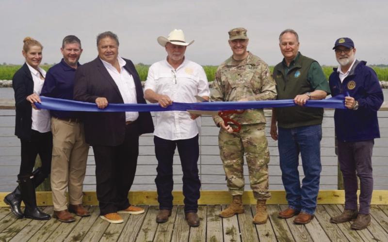 From left: Plaquemines Coastal Director Kimberly Buck, Executive Director Michael Hare, CPRA Chairman Gordon “Gordy” Dove, St. Bernard Parish President Louis Pomes, US Army Corps of Engineers (USACE) New Orleans District Commander Col. Scotty Autin, Plaquemines Parish President Keith Hinkley, and St. Bernard Coastal Manager John Lane. Photo from CPRA