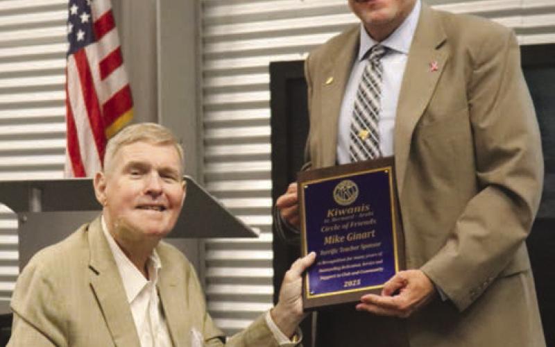 Mike Ginart, Jr. receiving the Kiwanis Circle of Friends Award, presented by Kiwanis Board Member and Terrific Teacher Program Chair, Kevin Hoffman.