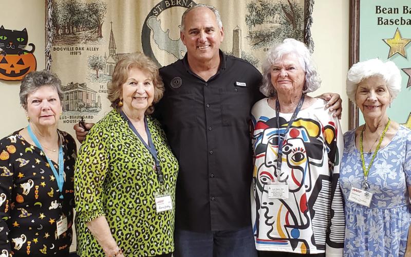 AARP Chapter 3926 welcomed guest speaker, Guy McGinnis, St Bernard Parish President, at their October 28th Membership Meeting. McInnis discussed the parish's budget, decrease of two fire stations and other government issues. The group enjoyed his visit and wish him well on his upcoming retirement. Pictured, from left: AARP Treasurer Glenda Fedele; AARP President Leona Galley; Parish President Guy McInnis; AARP Vice President Terry Heidel; and AARP Secretary Carolyn Constance.