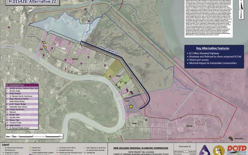 Alternative 22 is the preferred route of the parish government. It is the second longest route of the three proposals at 8.1 miles, would have a railway run alongside it, and mostly avoid all the major parish roadways.