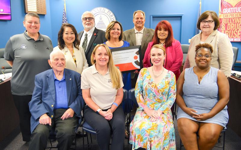 From left, first row: School Board Members Donald 'Don' Campbell (Dist. 11), CarlyJackson Creason (Dist. 6), Katherine Lemoine (Dist, 1) and Keisa Rodney (Dist. 9); second row: Tessie White-Stein, Kelly Le-Bowman (Dist, 3), Henry J. Rodriguez, III (Dist. 2), Diana Dysart (Dist. 7), Sean Warner (Dist. 4), Rosiland White (Dist. 10) and Superintendent Doris Voitier.