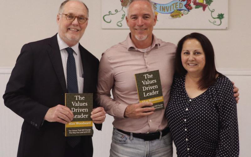 Pictured from left to right: Judge Billy McGoey, Matt Woodward, and Kim Duplantier pose for a photo after Woodward's presentation to the Kiwanis Club. Photos by Tony Peralta, Jr.