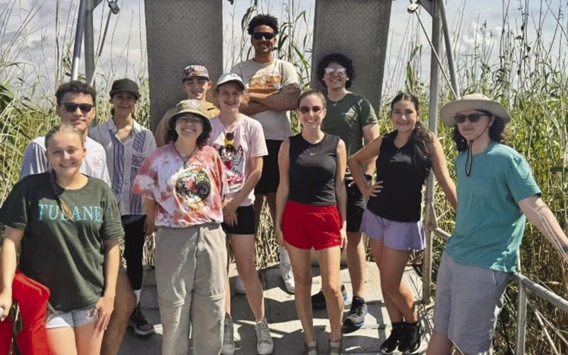 Campers at the mouth of the Mississippi measuring water quality and Rosea Cane. Pictured left to right: Tatiana Cabrera, Norman Morales, Sara Wingrove, Plaquemines Parish 4-H Agent Lou Duplantier, Joseph Suberville, Kelsey Hambrice, Kristion Thomas, St. Bernard Parish 4-H Agent Gabrielle Guerra, Christian Miller, Kathryn Dinet, and Grin Touchet.