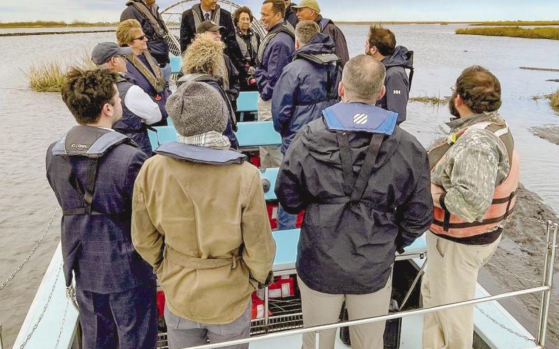 The Louisiana Coastal Protection and Restoration Authority (CPRA) and parish officials took a tour of the Lake Borgne Marsh Creation Project site in St. Bernard Parish on January 20. Photo provided by CPRA
