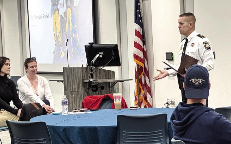 Maj. Daniel Bostic, commander of the SBSO Special Investigations Division, addresses attendees during the Project iGuardian presentation, sharing insights on local investigations and strategies to protect children from online threats.
