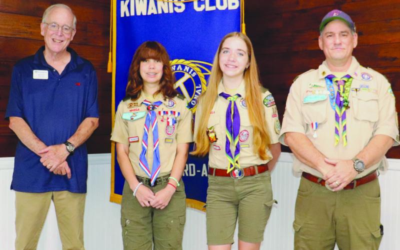 From left: St. Bernard Kiwanis President-Elect Michael Pechon, Troop 11 Eagle Scout Payten Perez, Troop 11 Eagle Scout Lucy Roberts, Troop 11 Scoutmaster Harry Deimel.