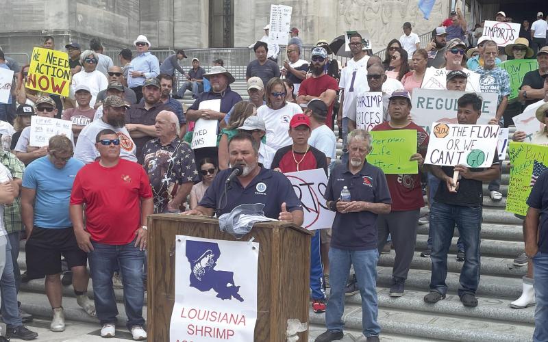 St. Bernard council member for District E and commercial fisherman, Fred Everhardt Jr., speaks at the shrimpers rally. Photo by Justin Walton