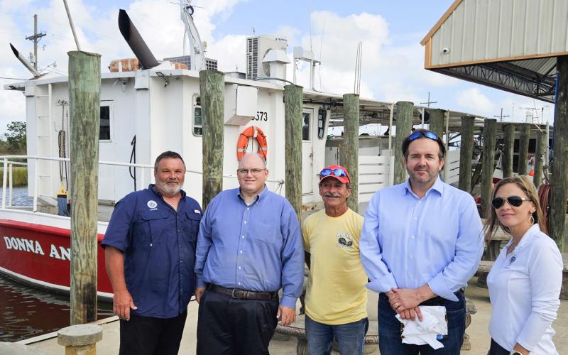 (Left to Right) St. Bernard Council Member At-Large East Fred Everhardt, Louisiana Representative Mike Bayham, Don Robin, Louisiana House Speaker Phillip Devillier and Council Member Amanda Mones (Dist. E) visits Robin's Seafood in Yscloskey.