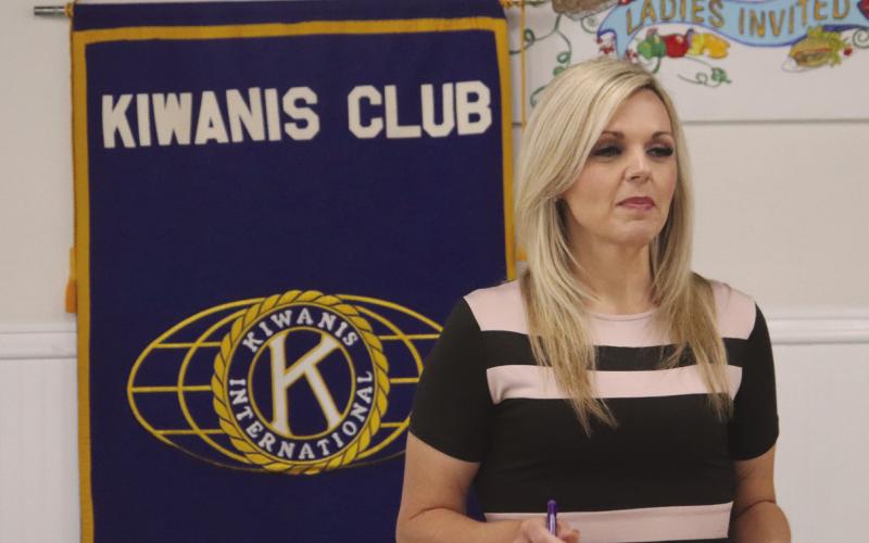 Katelin Neitzschman speaking to Kiwanis Club audience.