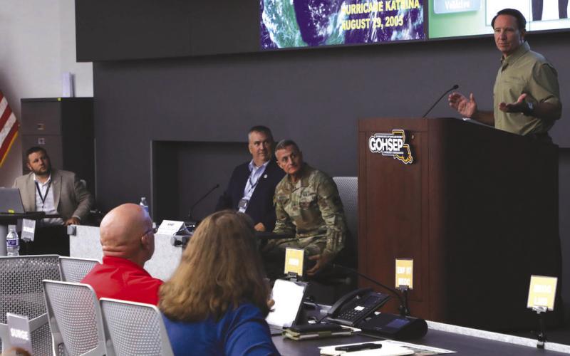 Louisiana Gov. Je Landry speaks at the Governor's Oce of Homeland Security and Emergency Preparedness in Baton Rouge, June 3, 2025. Landry addressed state and local emergency response partners about recent structural changes aimed at improving eciency ahead of the 2025 Atlantic hurricane season. (U.S. Army National Guard photo by Sgt. Danny Hough)