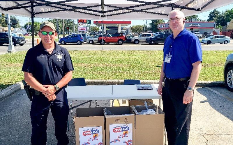 The St. Bernard Sheriff’s Office held a Drug Take-Back Day on Oct. 26 at Walgreens at the corner of Judge Perez Drive and Paris Road in Chalmette. Lt. Chip Englande of the Special Investigations Division Narcotics Unit collected 163 pounds of unwanted or expired prescriptions so they could be disposed of properly. With Lt. Englande is Walgreens Manager Kevin Krul.
