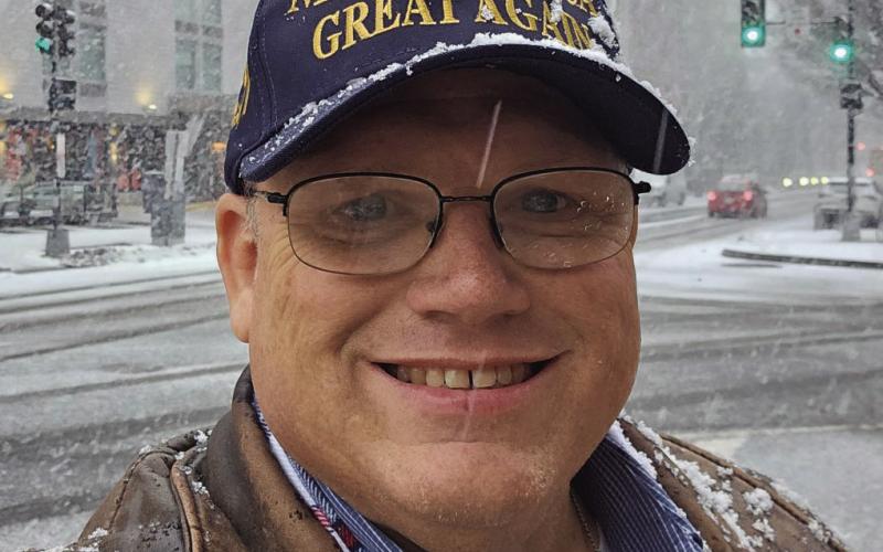 State Representative Mike Bayham, braving the cold and snow in Washington, D.C., to witness the swearing-in of President Trump.