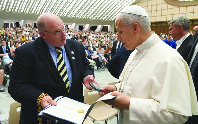 Representative Mike Bayham (left) talking with Pope Leo XIV (right) in Rome.