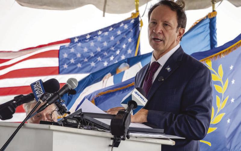 Louisiana Governor Je Landry speaks during the Wreath Laying Ceremony in Shell Beach.