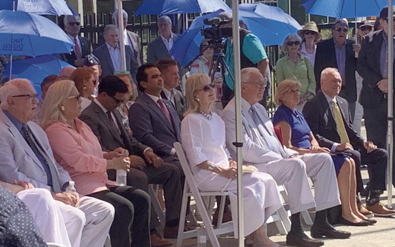 Former U.S. Senator Mary Landrieu's (D La.) attendance (seated, front row second from left) was a gesture in cross party lines graciousness as she nodded and applauded warmly when current U.S House Majority Lead- er Steve Scalise (R. La. ) reflected that recognition for Bob Livingston's launch of the The Beach research park at UNO was “ a long time coming, very well deserved.”