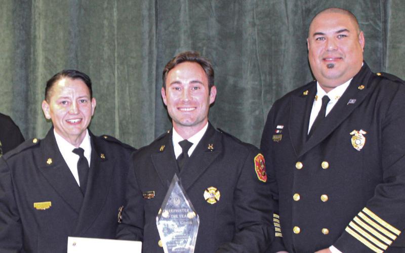 The Knights of Columbus Archbishop Rummel Council 5747 named St. Bernard Fire Department Capt. Chris Kimball the 2022-23 Firefighter of the Year. Pictured, from left: District Fire Chief Raul Vallecillo, Capt. Kimball, and St. Bernard Fire Chief Earl Borden Jr.