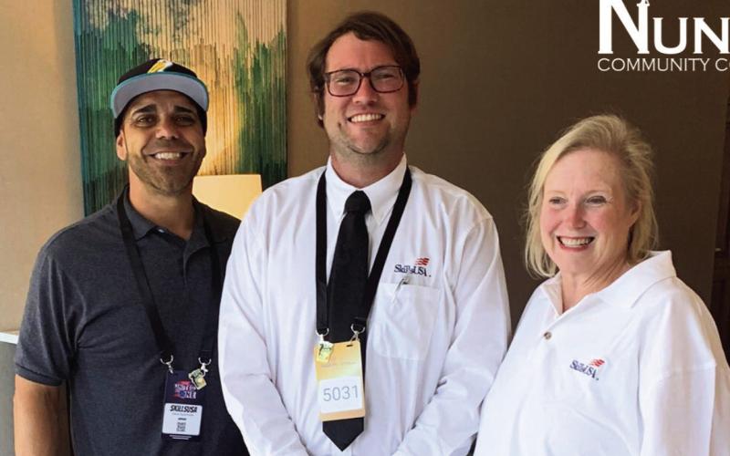 The Nunez Community College SkillsUSA team, which represented the college in April at the Louisiana competition in Alexandria, included State Advisor of the Year nominee and Nunez STEAM Director Julie Rexford, right, and Nunez SGA President and Aerospace Manufacturing Technology student Matt Durette, center, who finished second Place in Extemporaneous Speaking. Nunez Electrical Construction Instructor Steve Baiamonte, left, was also on hand to support Nunez students. Five Nunez students competed overall.