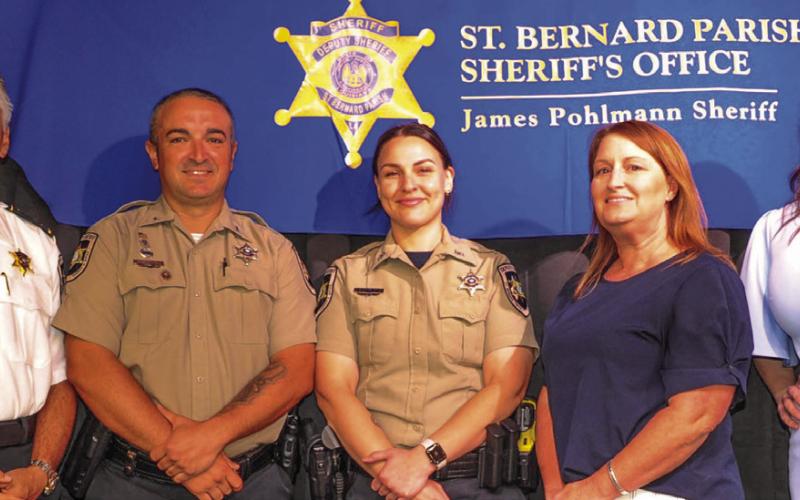 St. Bernard Sheriff’s Office deputies who received Medals of Achievement awards from Sheriff James Pohlmann are, from left: Dep. Gabriel “Trip” Roques III of the Field Operations Bureau Patrol Division; Dep. Jamie Bartholomae of the Communications Division 9-1-1 Center; Lt. Jennifer Gutierrez of the Criminal Investigations Bureau; and Lt. Michelle Canepa of the Special Investigations Division. Not pictured is Lt. Christopher Scheeler of the Special Operations Division.