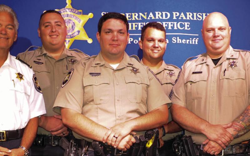 St. Bernard Sheriff’s Office Field Operations Bureau Patrol Division deputies who recently received Medals of Achievement awards from Sheriff James Pohlmann are, from left: Dep. Jules Martin III, Dep. Tristan Gray, Dep. Christopher Acosta, Sgt. Richard Ragan and Lt. Gary Noreia.