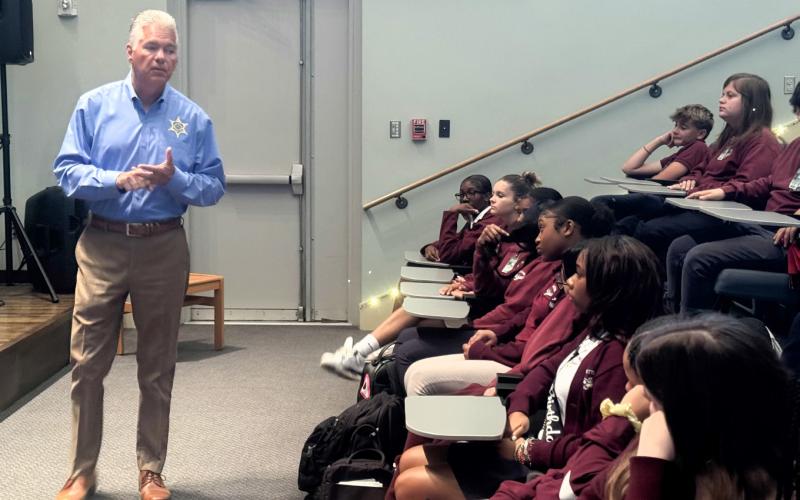 St. Bernard Sheriff James Pohlmann speaks to Chalmette High School freshmen about the dangers of alcohol and drug addiction and the importance of making good choices.