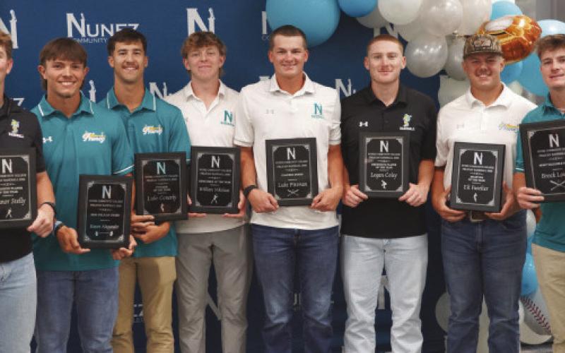 The winners of Nunez Baseball’s top team awards gather for a photo during the Athletic Awards Ceremony May 13 on the Nunez campus. Pictured from left are Connor Stelly, Kason Alexander, Luke Conerly, William Nikolaus, Luke Pittman, Logan Coley, Eli Fuselier and Brock Loque.