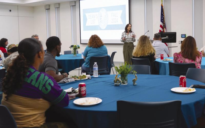 Nunez Community College in Chalmette named 230 students to its Dean’s List for the Spring 2025 semester. Those students will be treated to a Dean’s List Luncheon next semester. Pictured, Nunez Chancellor Tina Tinney congratulates Fall 2024 Dean’s List students at their luncheon in March.