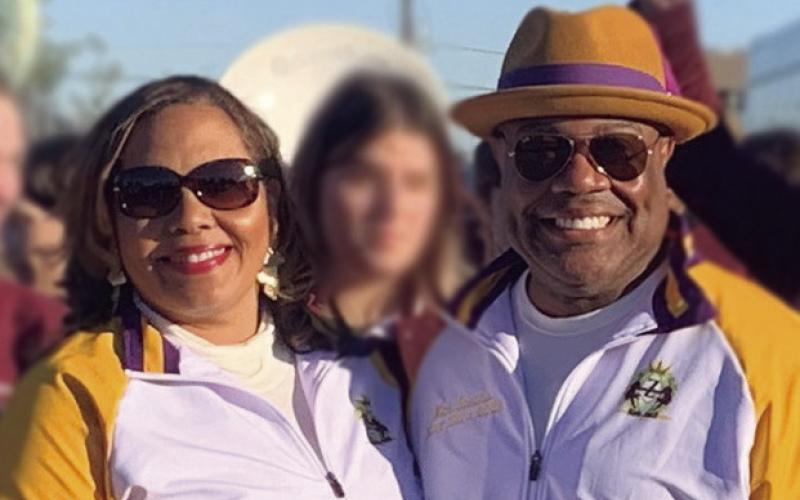 The 2023 King of Zulu, Nicholls 'Nick' Spears, and his Queen, Christy Spears, recently opened Carnival Season in Chalmette with a party at Torres Park. The event was followed by a second-line parade, led by Chalmette High School Band, to the couple's Arabi home where the Zulu flag was raised. Photo courtesy of Charles Jackson