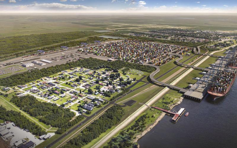 Digital rendering of the Louisiana International Terminal (LIT) scheduled to be built in Violet. Despite heavy criticism, the U.S. Army Corp of Engineers granted approval for the project proposed by Port NOLA on August 17, 2026. Photo: Port of New Orleans