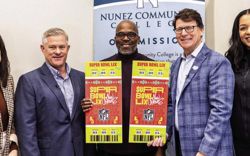 Nunez Workforce Director Brian Gibson (center) was surprised with two tickets to Super Bowl LIX in New Orleans for his work coordinating the Will To Skill program with Venture Global. From left are Nunez Chancellor Tina Tinney, Ed. D., Venture Global Senior Manager of Development Charlie Burt, Brian Gib- son, President and CEO of the New Orleans Super Bowl LIX Host Committee and Greater New Orleans Sports Foundation Jay Cicero and Venture Global Senior Public A airs Associate Claire Stevenson.
