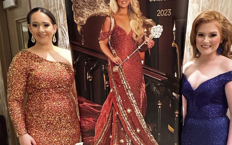 Pictured, from from left: Miss Tomato Festival Queen LXX, Taylor Chaplain, and Miss Louisiana Crawfish Festival Queen XIX, Abbey Bigner, at the 2023 Louisiana Association of Fairs and Festivals Convention.