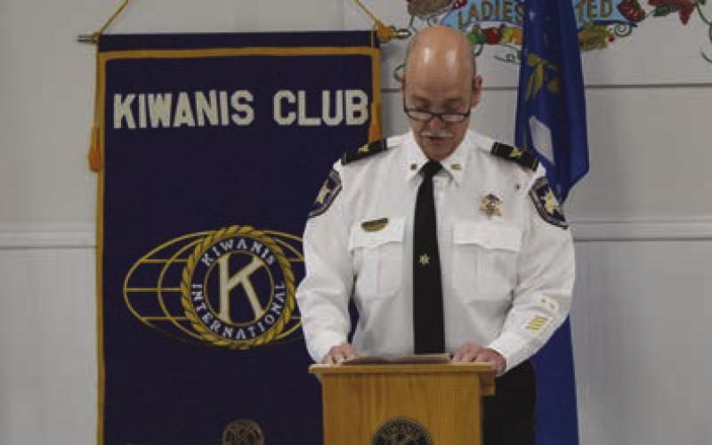 Col. Kevin Sensebe, commander of the Corrections Division and supervisor of Deputies Trevor Lane and Chase Richard, speaks at the Kiwanis banquet about the deputies’ life-saving actions during a March incident.