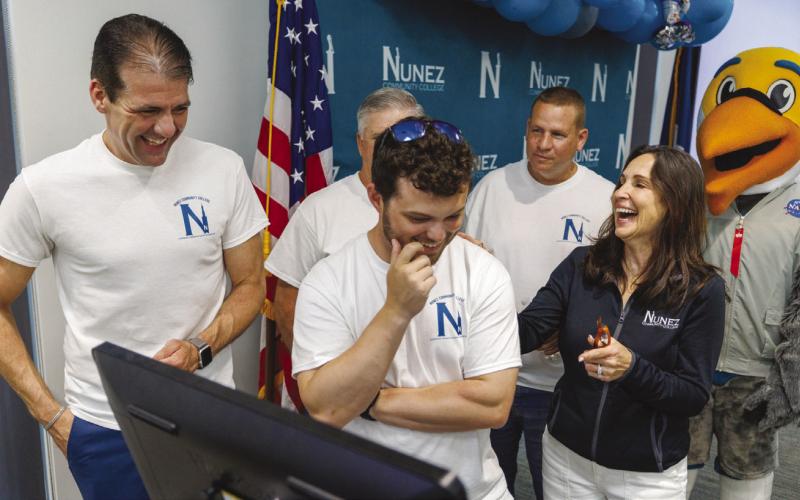Nunez Community College sta react to the successful launch of the Artemis II mission during a watch party in the STCCC on the Nunez campus. Graduates of Nunez’s Aerospace Manufacturing Technology program played a part in assembling the wiring and electrical systems in the SLS rocket used for the mission. Photo by Enan Chediak, The Times-Picayune