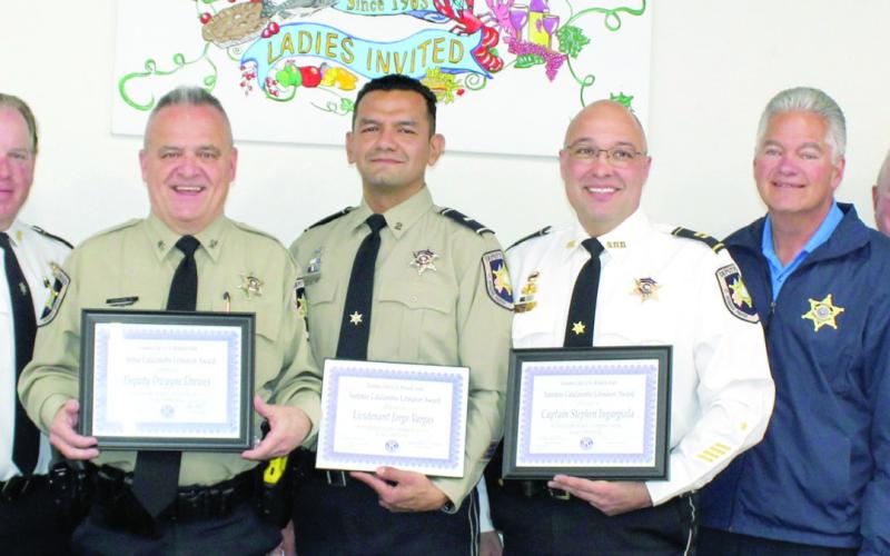 Three St. Bernard Sheriff’s Office deputies received the Kiwanis Club of St. Bernard-Arabi Sammie Catalanotto LifeSaver Award at a banquet hosted by the Kiwanis Club on Jan. 23 at Rocky and Carlo’s Restaurant in Chalmette. From left, are: Capt. Richard Barr, Maj. Robert Norton, LifeSaver Award recipients Dep. Dwayne Drewes, Lt. Jorge Vargas and Capt. Stephen Ingargiola, Sheriff James Pohlmann, Col. Adolph Kreger, Capt. Brian Fleetwood Sr. and Capt. Michael Ingargiola.
