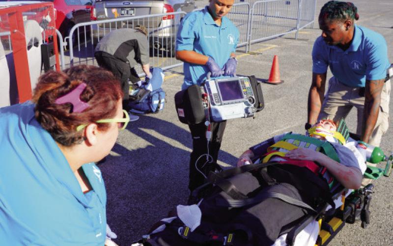 Emergency Medical Services Education students from Nunez Community College participate in a simulated car crash response in October on the Nunez campus. Nunez EMSE will offer EMT and Paramedic refresher courses in January that meet the standards for the National Registry and the Louisiana EMS recertification process.